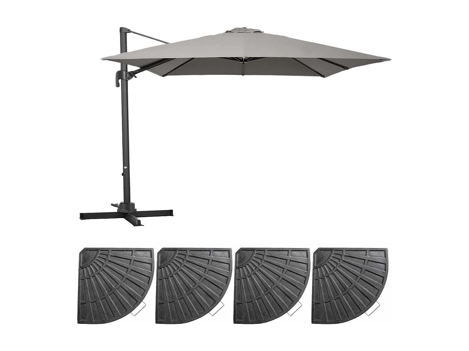 Parasol déporté rotatif 3x3m et 4 dalles lestées aluminium taupe - Malaga
