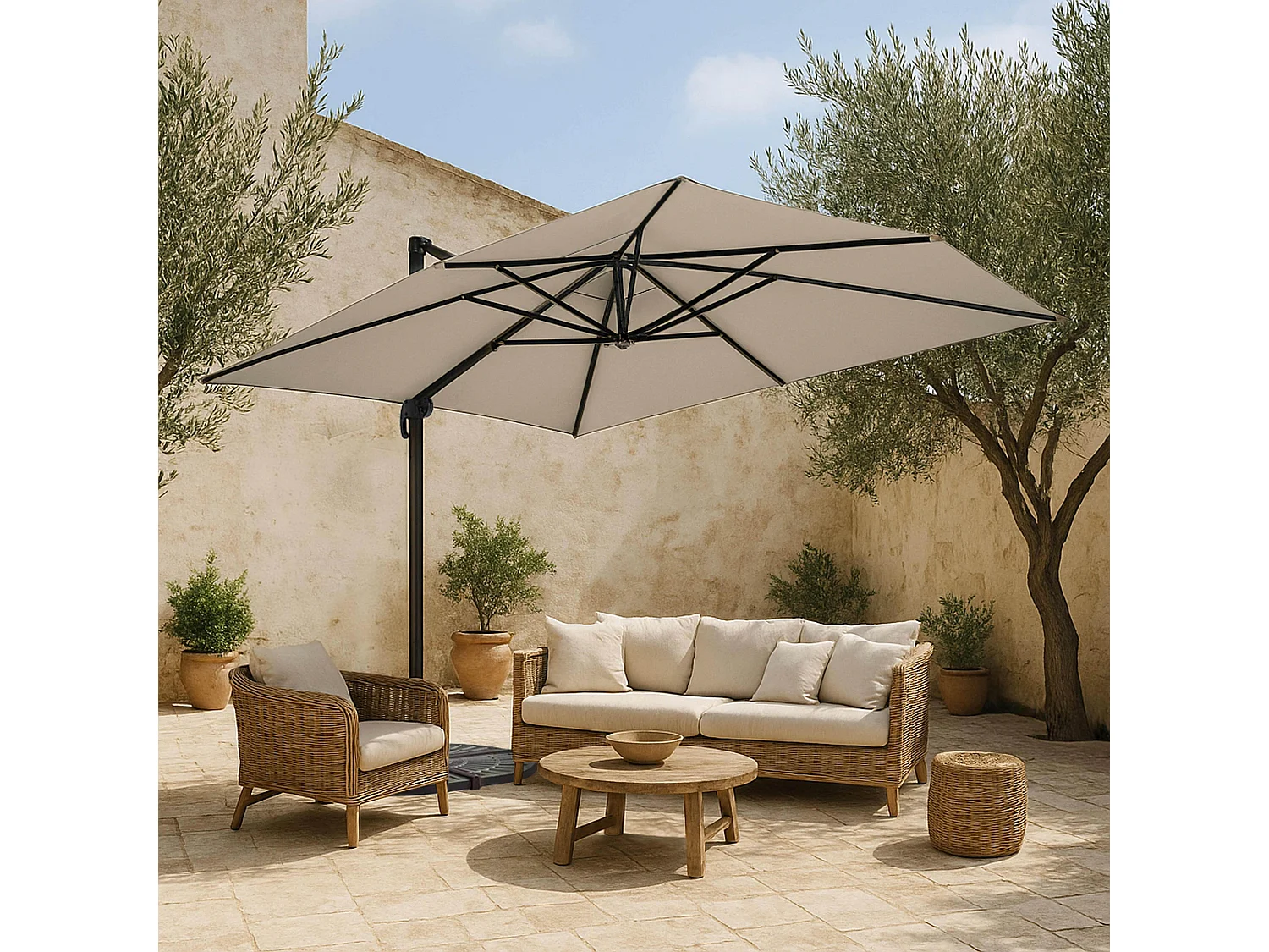 Verstelbare parasol van 3x4m in crèmekleurig aluminium