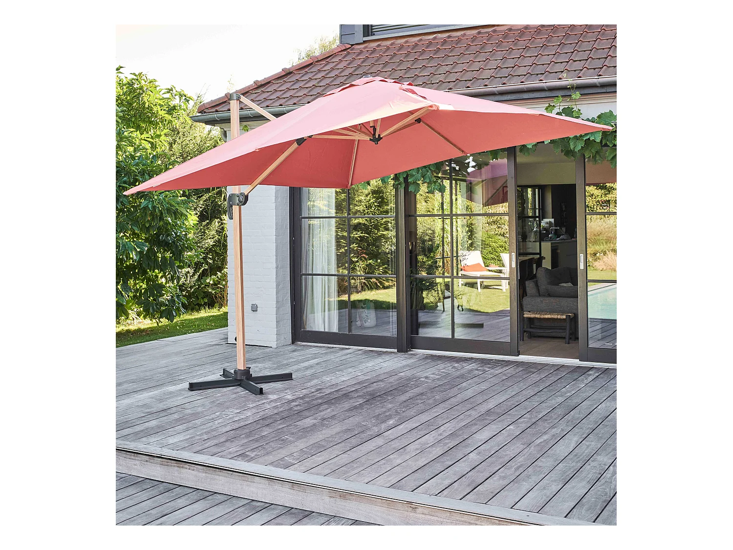 Vierkante zweefparasol 3x3m met houtlook klei-effect