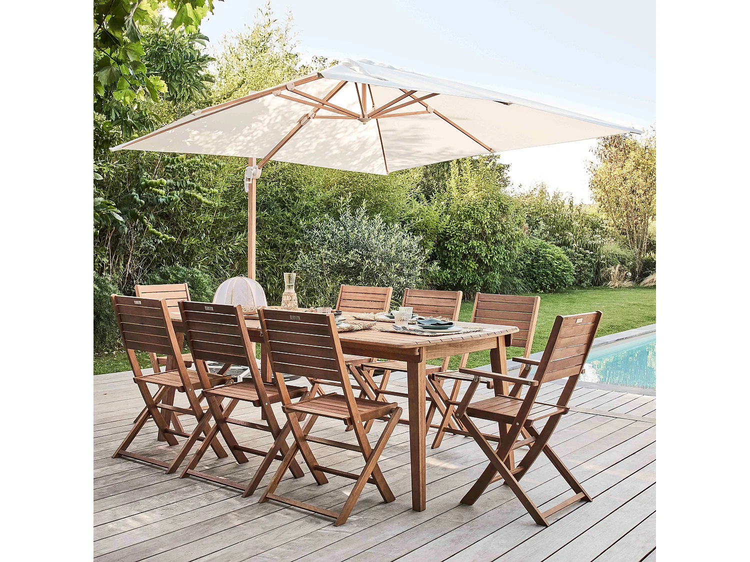 Parasol déporté carré 3x3m effet bois écru - Brescia