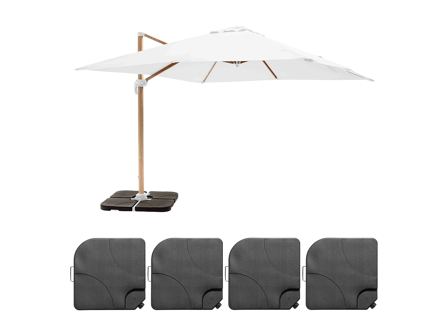 Verstelbare parasol van 3x3m en 4 vullende tegels met wit houteffect