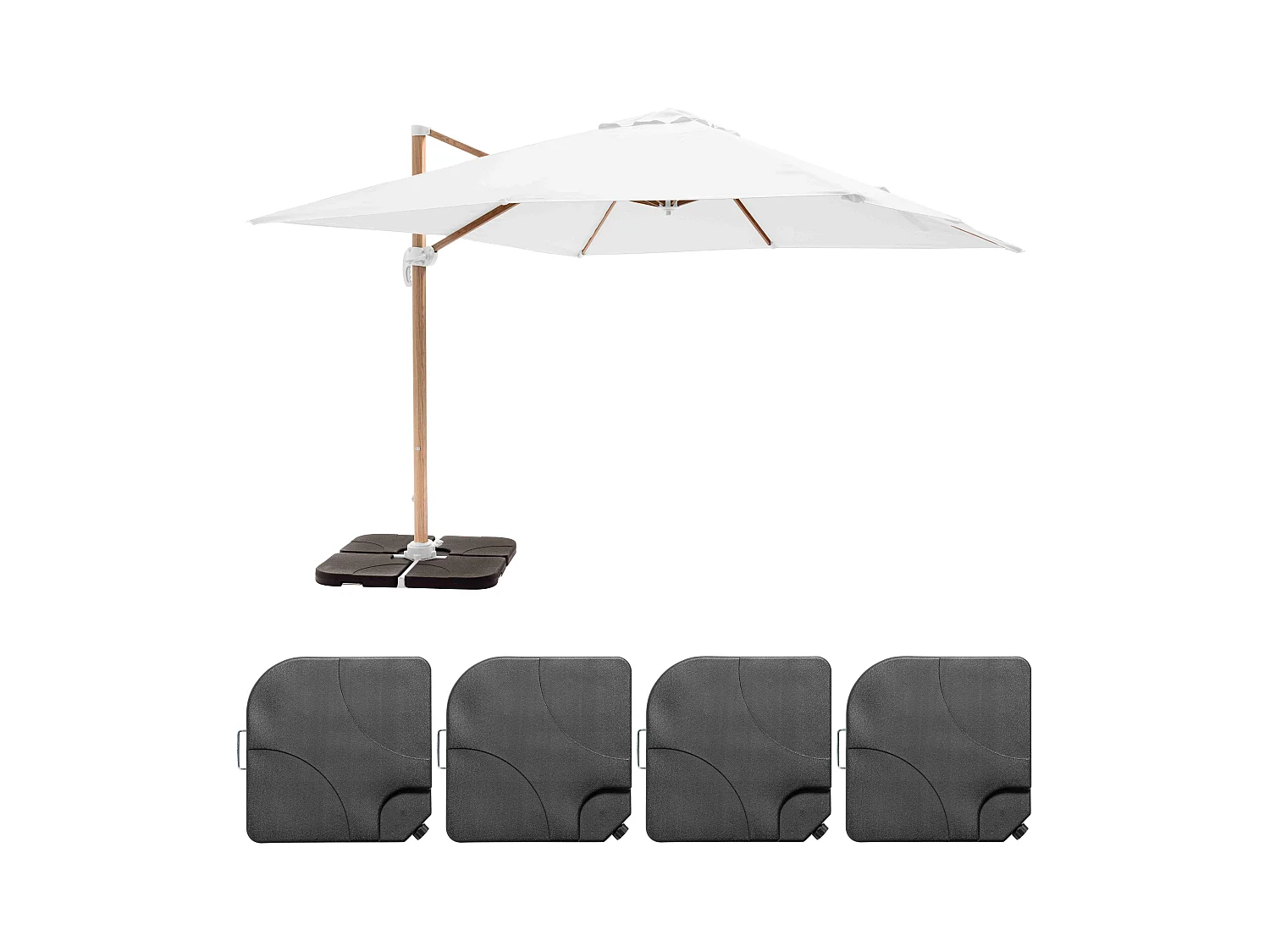 Verstelbare parasol van 3x3m en 4 vullende tegels met wit houteffect