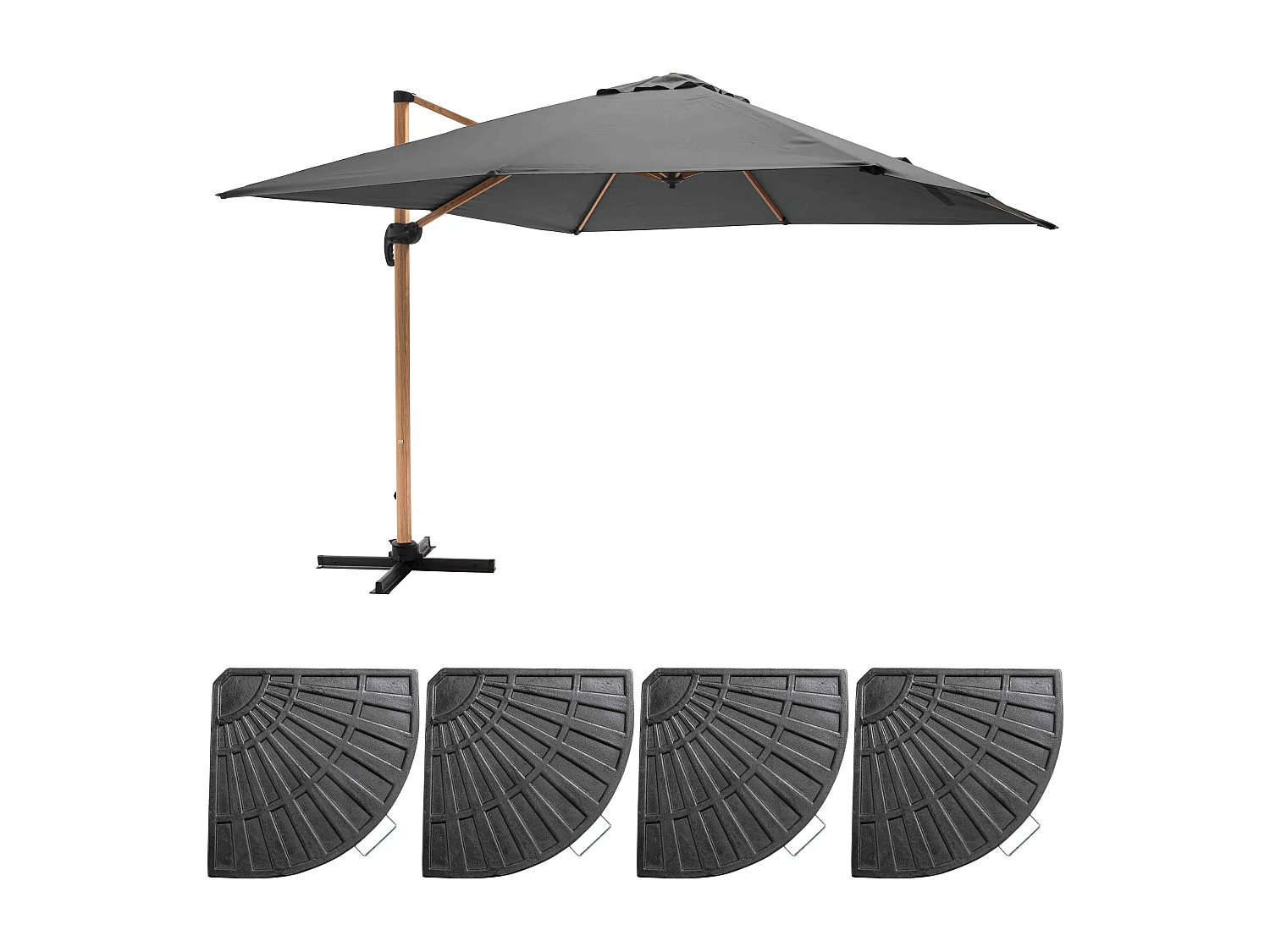 Parasol déporté 3x3m et 4 dalles lestées effet bois gris - Brescia
