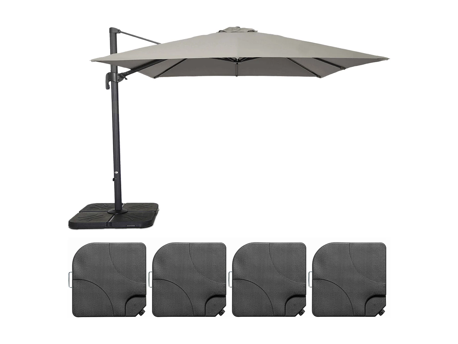Parasol déporté rotatif 3x3m et 4 dalles à remplir aluminium taupe - Malaga