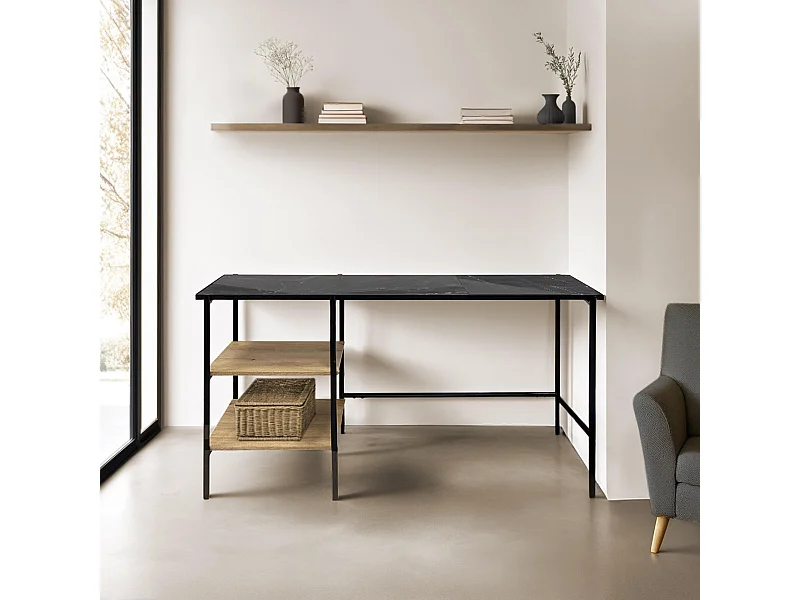 Bureau avec étagères en marbre et manguier noir