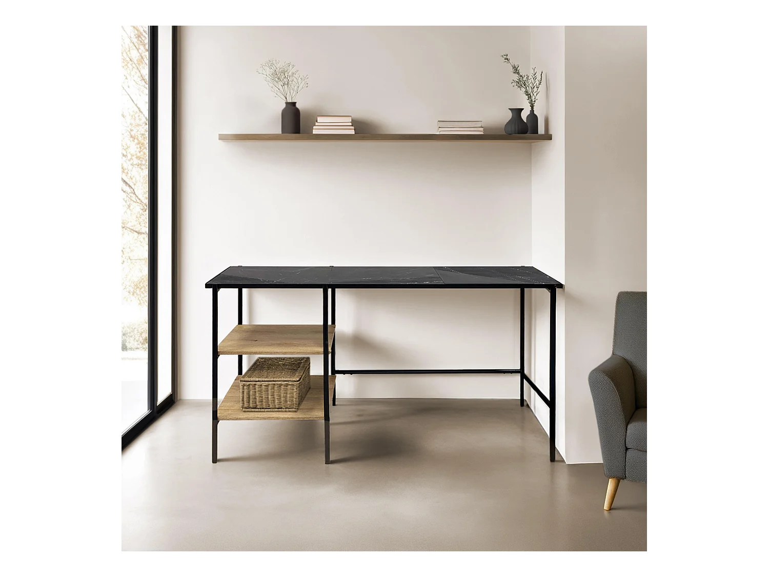 Bureau avec étagères en marbre et manguier noir