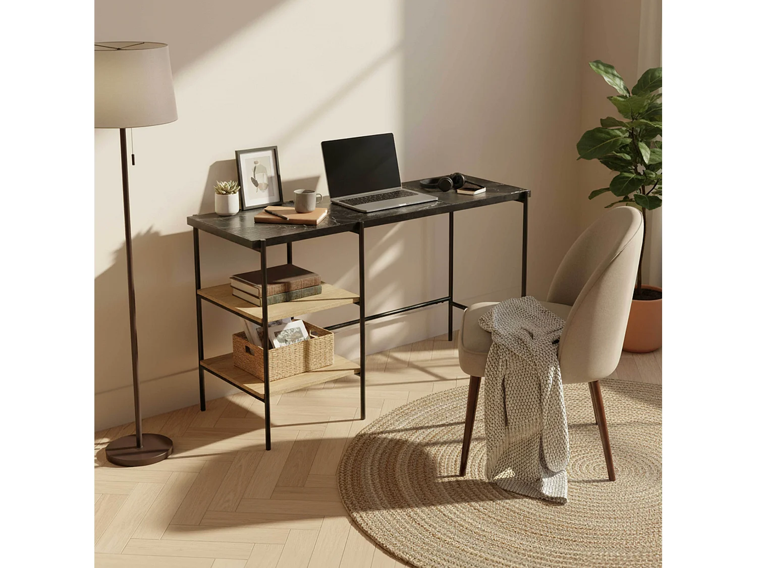 Bureau avec étagères en marbre et manguier noir