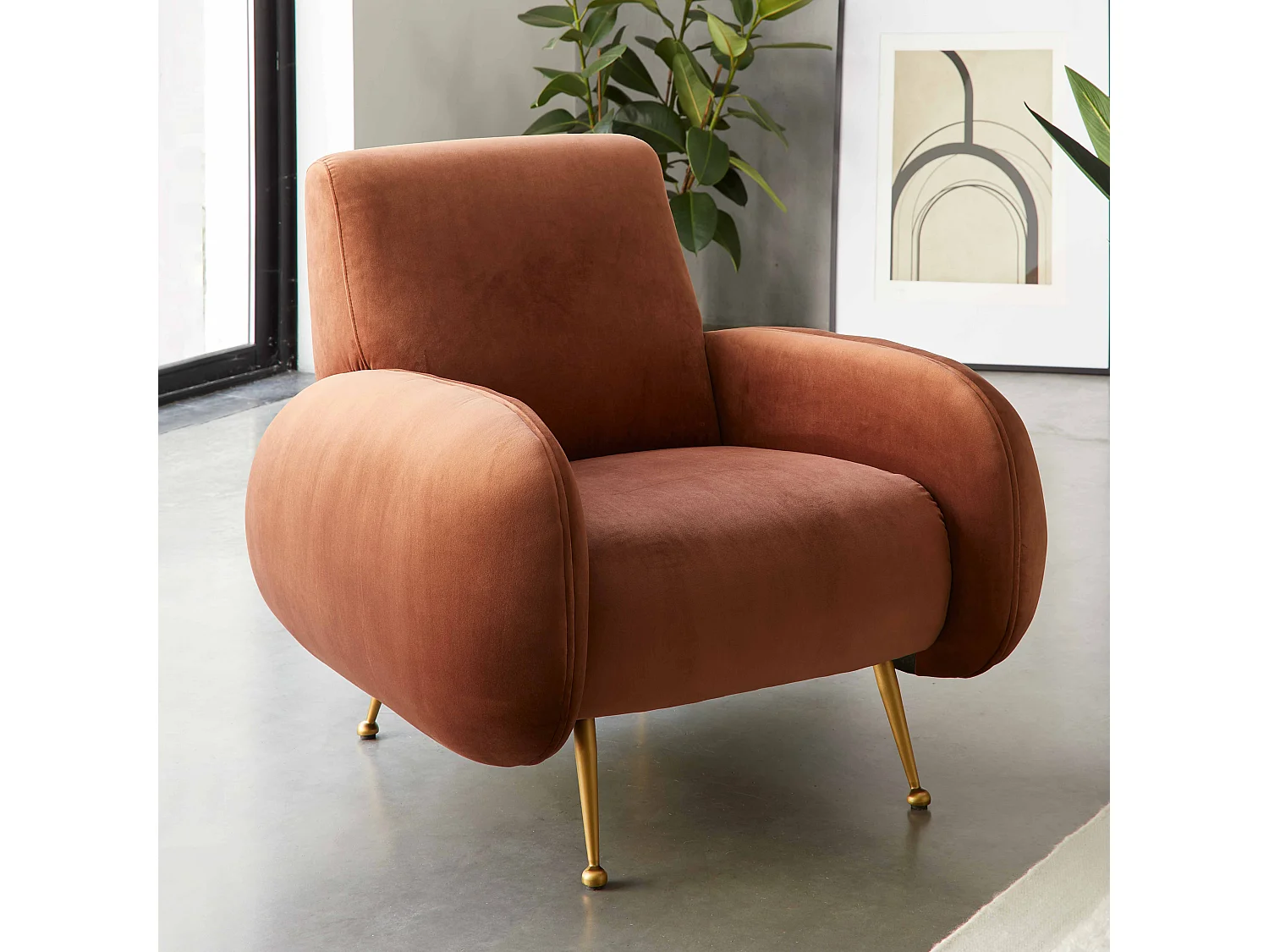 Fauteuil en velours vintage terracotta
