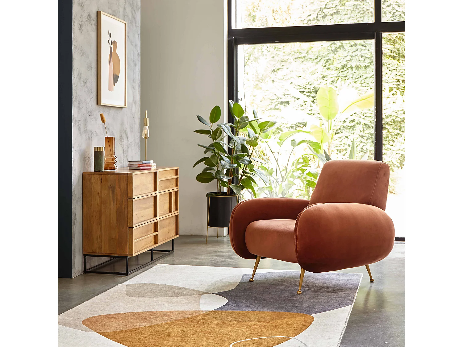 Fauteuil en velours vintage terracotta