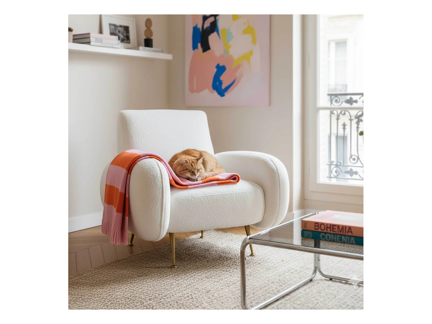 Fauteuil vintage en tissu bouclette blanc