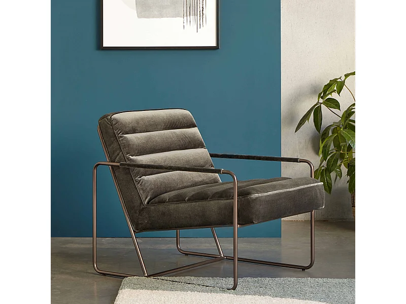 Fauteuil capitonné en velours vert gris