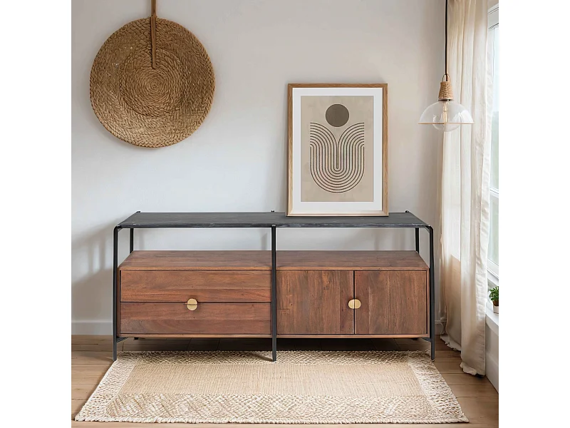 Meuble TV en marbre avec rangement en acacia massif 152 cm