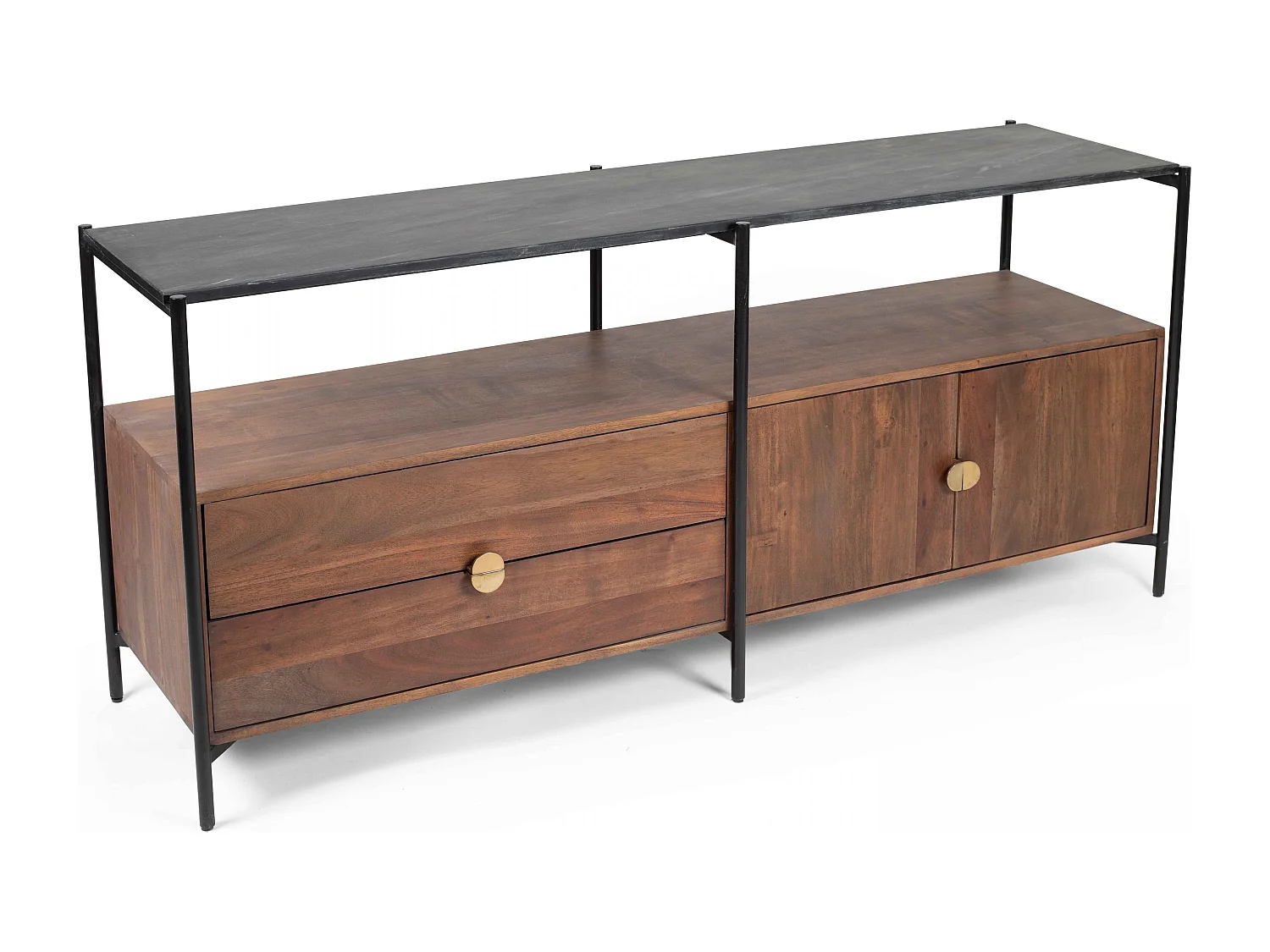 Meuble TV en marbre avec rangement en acacia massif 152 cm