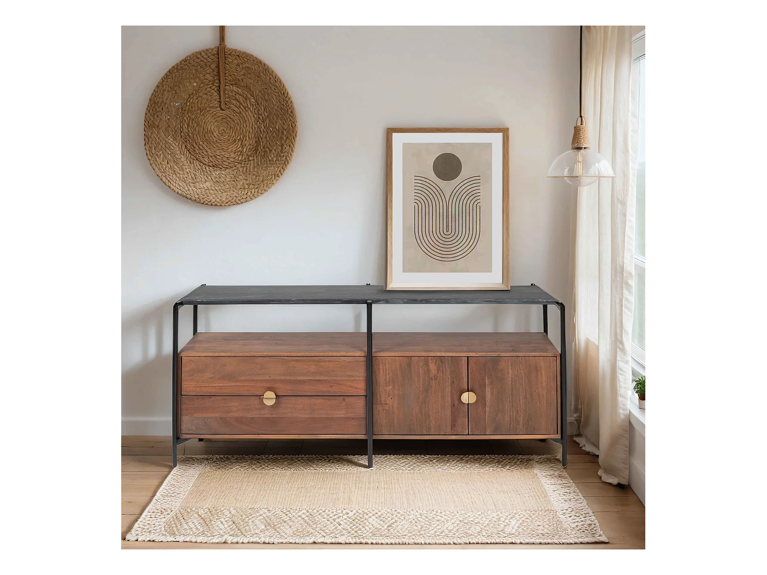 Meuble TV en marbre avec rangement en acacia massif 152 cm