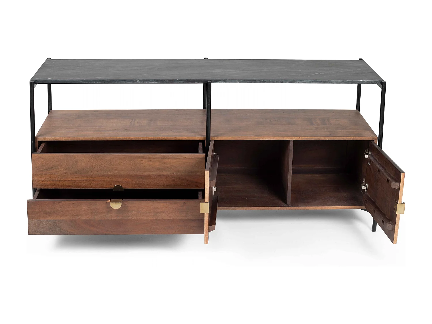 Meuble TV en marbre avec rangement en acacia massif 152 cm