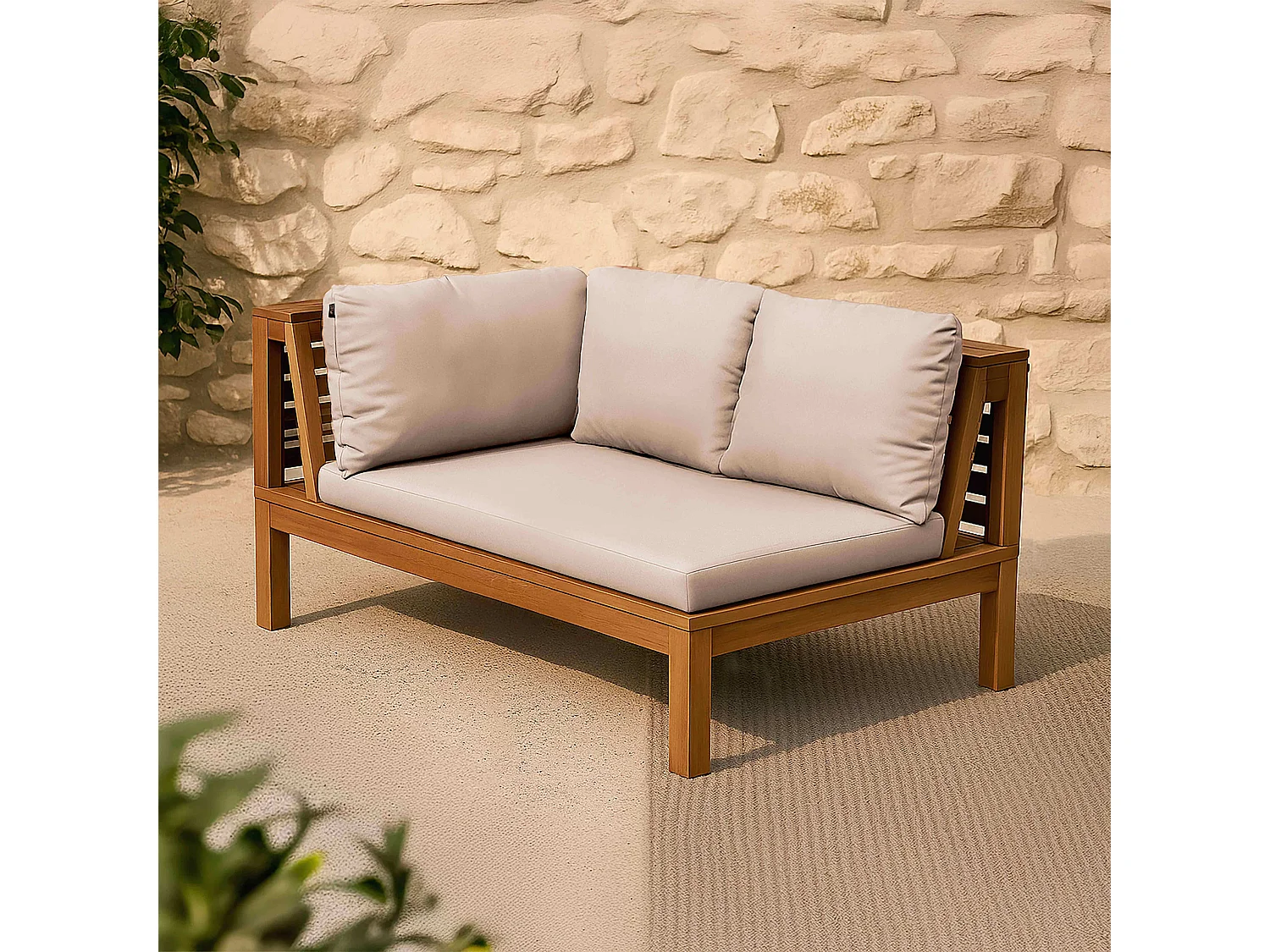 Canapé gauche de jardin bas en bois d'eucalyptus écru