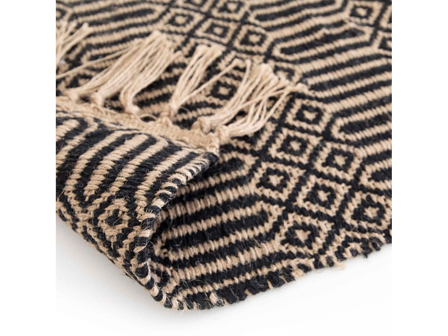 Tapis à franges en jute naturel tissé main noir 80 x 200 cm