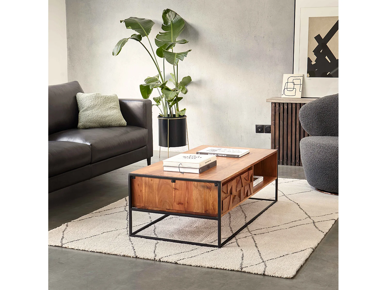 Tapis rectangulaire motif berbère à poils courts écru 160 x 230 cm