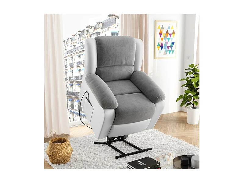 Fauteuil De Relaxation Electrique Releveur Et Massant - Microfibre / Simili - Blanc / Gris - L88 x 93 x 98cm - Loungitude
