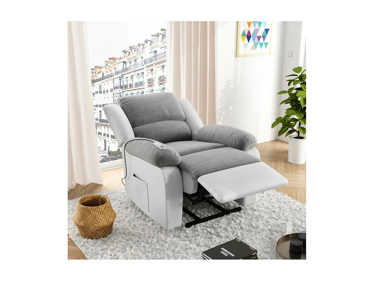 Fauteuil De Relaxation Electrique Releveur Et Massant - Microfibre / Simili - Blanc / Gris - L88 x 93 x 98cm - Loungitude