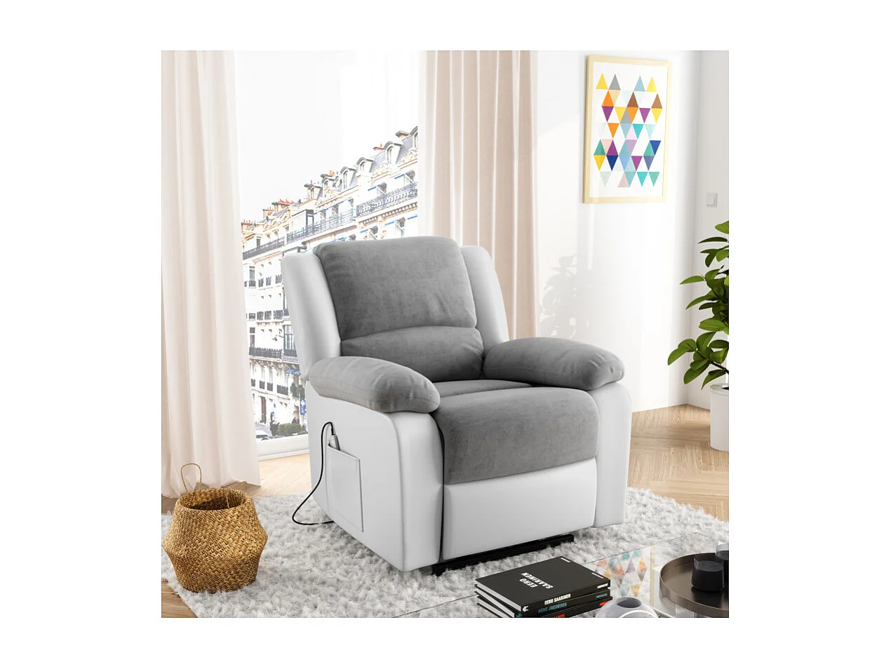 Fauteuil De Relaxation Electrique Releveur Et Massant - Microfibre / Simili - Blanc / Gris - L88 x 93 x 98cm - Loungitude