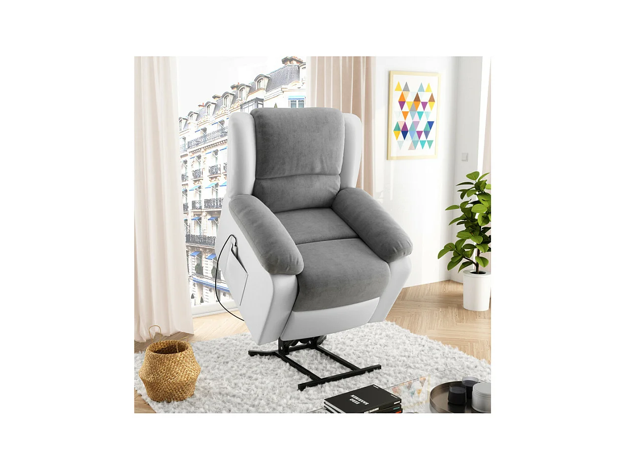 Fauteuil De Relaxation Electrique Releveur Et Massant - Microfibre / Simili - Blanc / Gris - L88 x 93 x 98cm - Loungitude