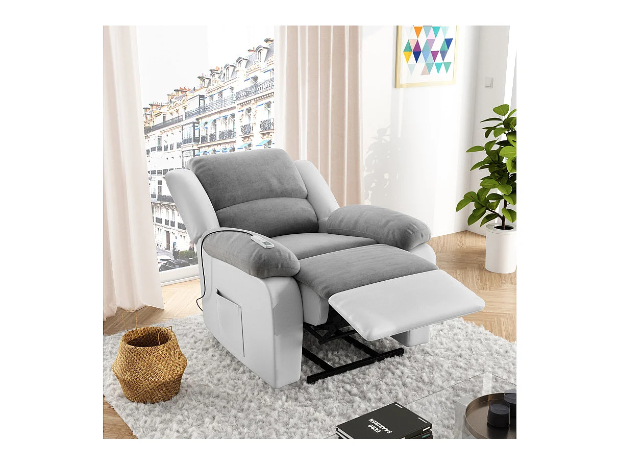 Fauteuil De Relaxation Electrique Releveur Et Massant - Microfibre / Simili - Blanc / Gris - L88 x 93 x 98cm - Loungitude