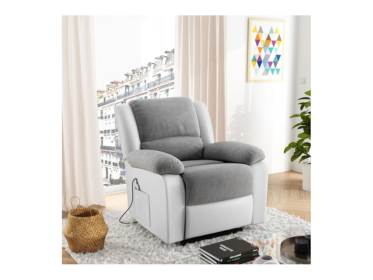 Fauteuil De Relaxation Electrique Releveur Et Massant - Microfibre / Simili - Blanc / Gris - L88 x 93 x 98cm - Loungitude