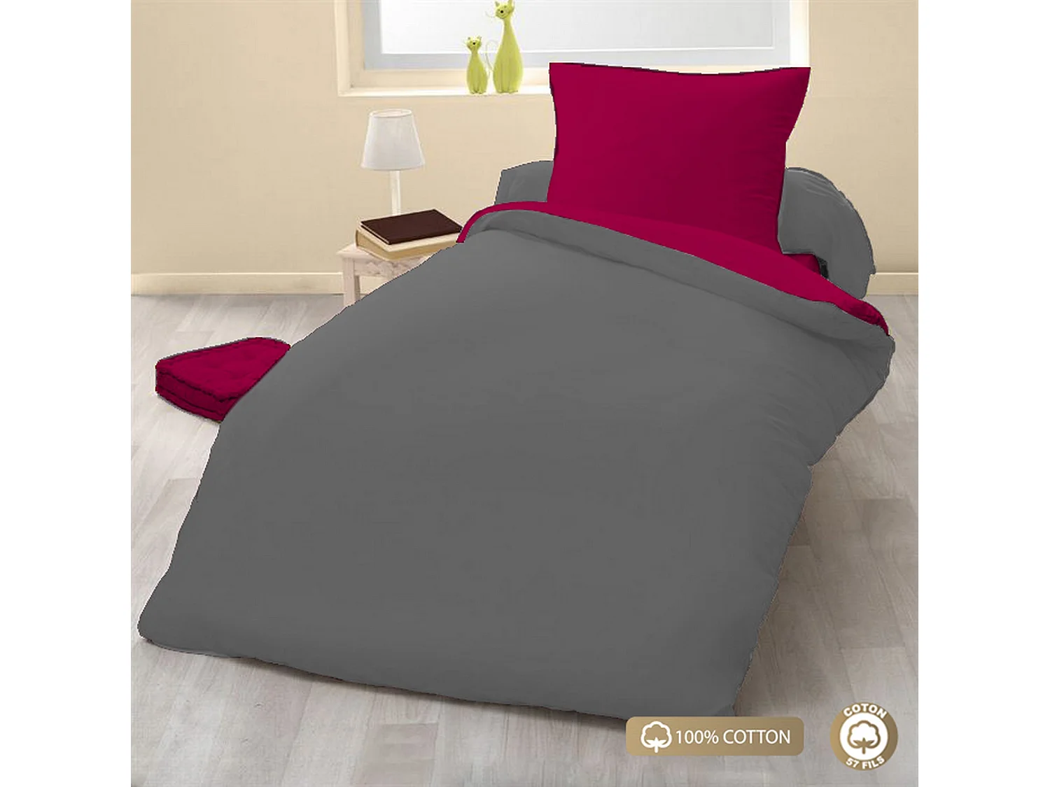 Parure de couette 140x200 100% Coton 57 fils Fushia/Anthracite