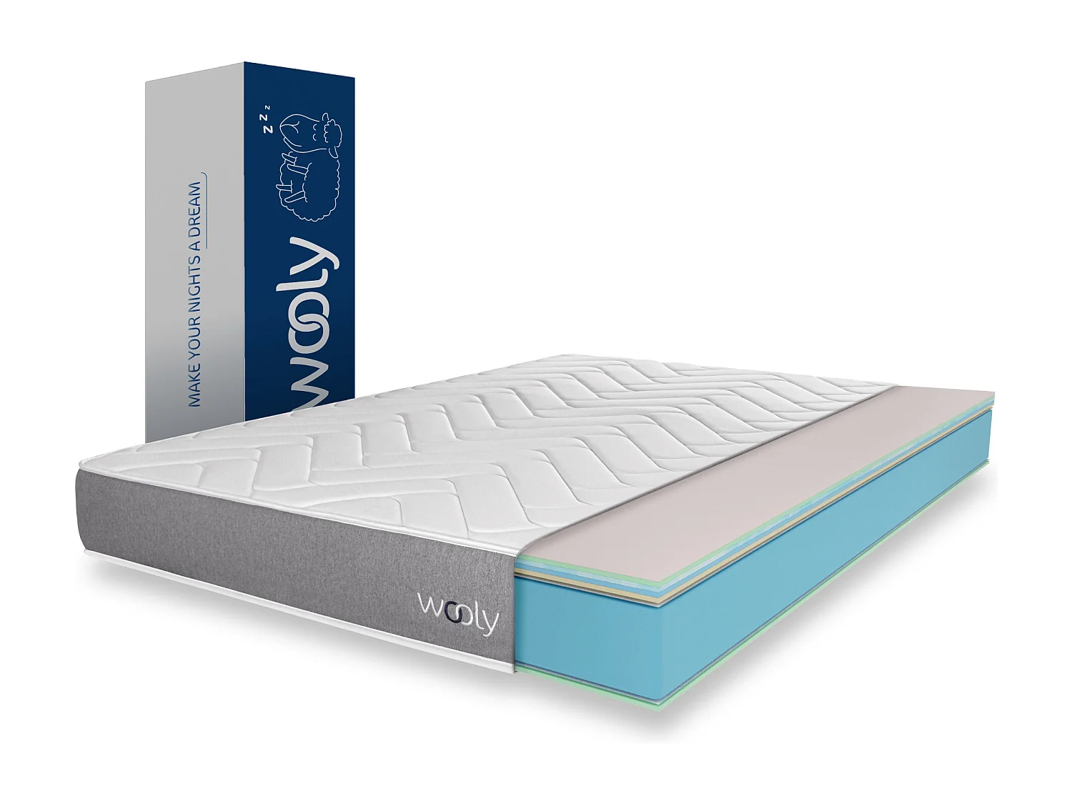 Matelas Wooly One M 150x200 cm - Mousse mémoire de Forme adaptative - 7 Zones Blue - Latex + HR - Confort Optimal - Equilibré - Hypoallergénique