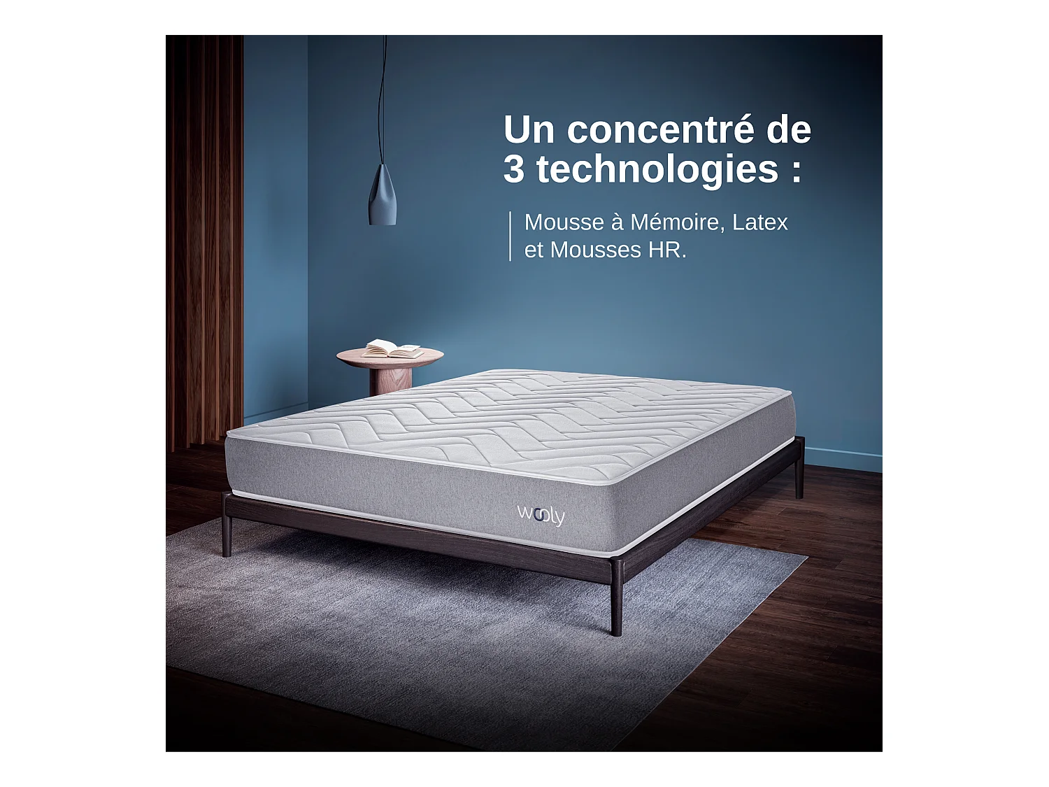 Matelas Wooly One M 70x190 cm - Mousse mémoire de Forme adaptative - 7 Zones Blue - Latex + HR - Confort Optimal - Equilibré - Hypoallergénique