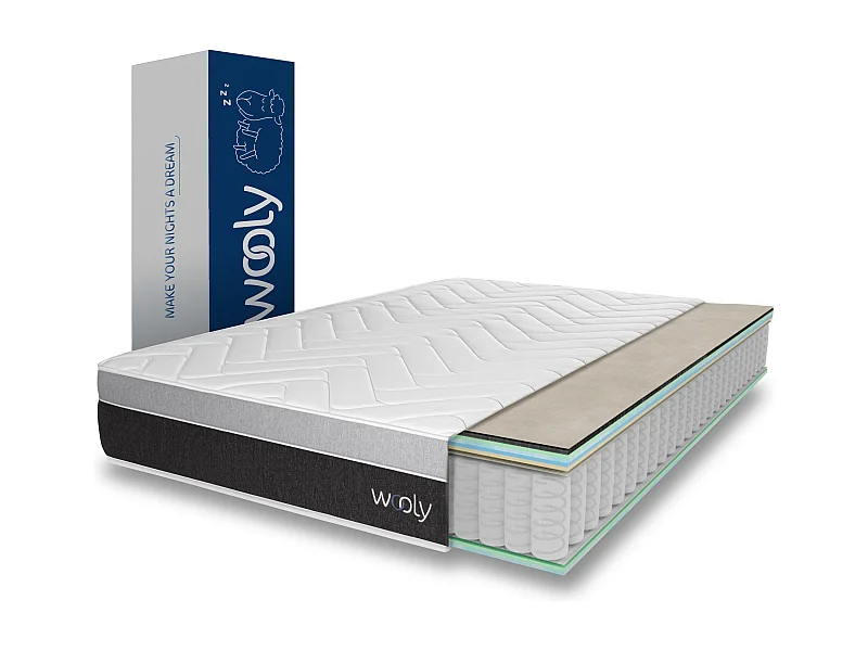 Matelas Wooly Level 180x200 cm - Hybride - 30 CM - Ressorts ensachés - Thermorégulant - Mousse en mémoire de Gel rafraîchissant - HR - Laine - Latex