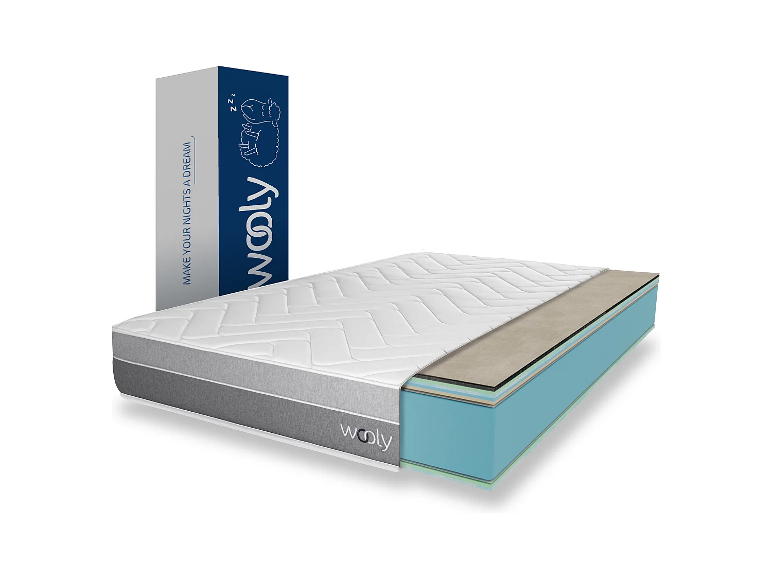 Matelas Wooly Original L 90x200 cm - 24 cm - 12 Couches Confort - Mousse mémoire Carbone - Laine - Latex-HR - 7 Zones - Ferme - Sommeil Réparateur