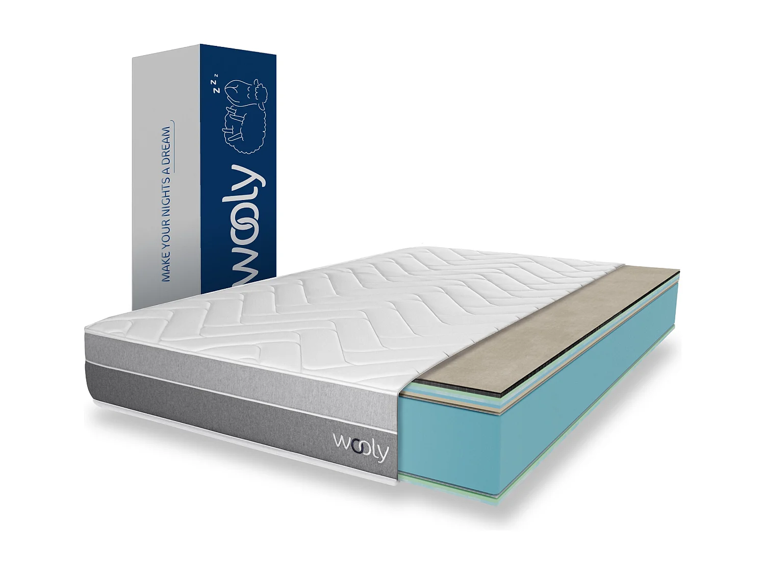 Matelas Wooly Original L 150x200 cm - 24 cm - 12 Couches Confort - Mousse mémoire Carbone - Laine - Latex-HR - 7 Zones - Ferme - Sommeil Réparateur