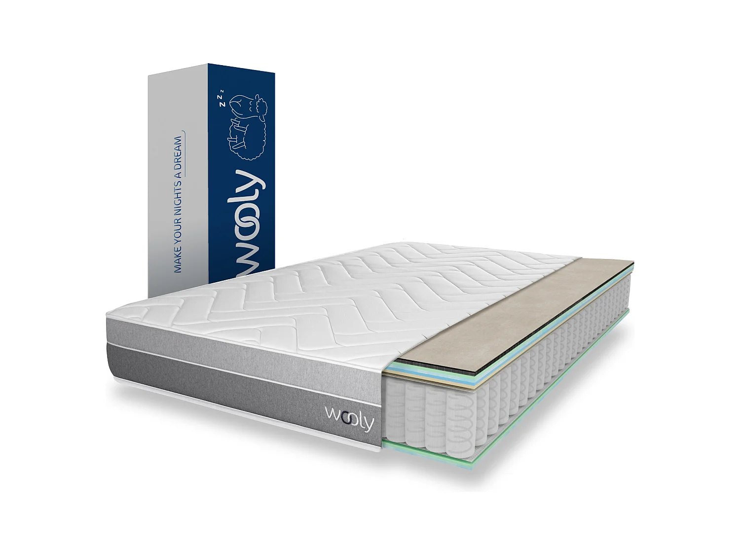 Matelas Wooly Original 135x190 cm - Hybride - Ressorts ensachés - Laine - Latex - Mousse mémoire adaptative - HR - Confort mi-Ferme 7 Zones - 24 cm