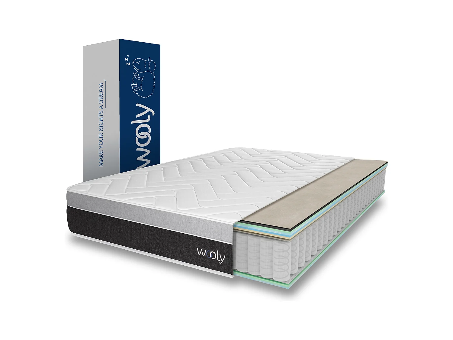Matelas Wooly Level 140x190 cm - Hybride - 30 CM - Ressorts ensachés - Thermorégulant - Mousse en mémoire de Gel rafraîchissant - HR - Laine - Latex