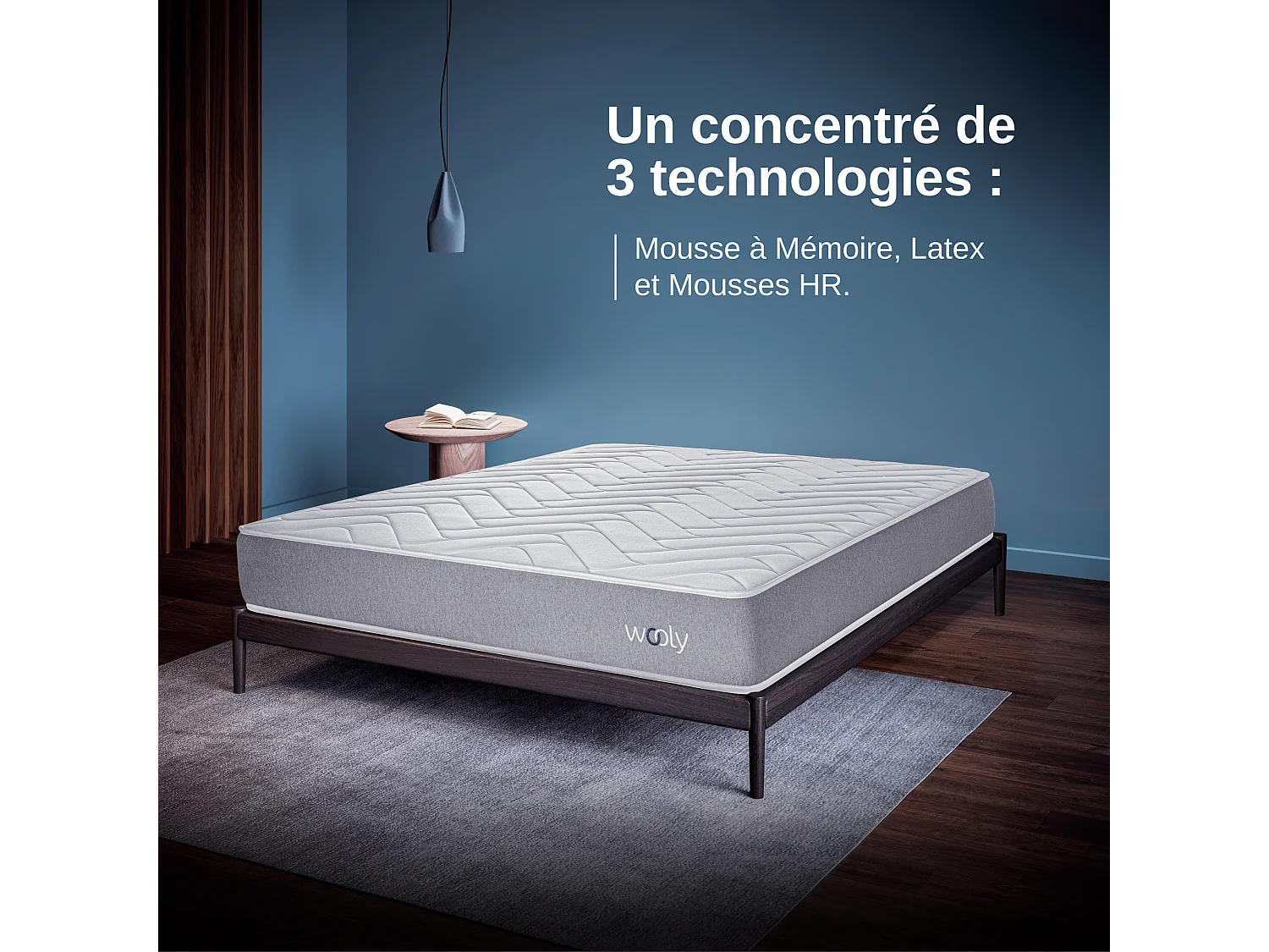 Matelas Wooly One M 140x200 cm - Mousse mémoire de Forme adaptative - 7 Zones Blue - Latex + HR - Confort Optimal - Equilibré - Hypoallergénique