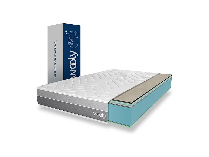 Matelas Wooly Original L 140x200 cm - 24 cm - 12 Couches Confort - Mousse mémoire Carbone - Laine - Latex-HR - 7 Zones - Ferme - Sommeil Réparateur
