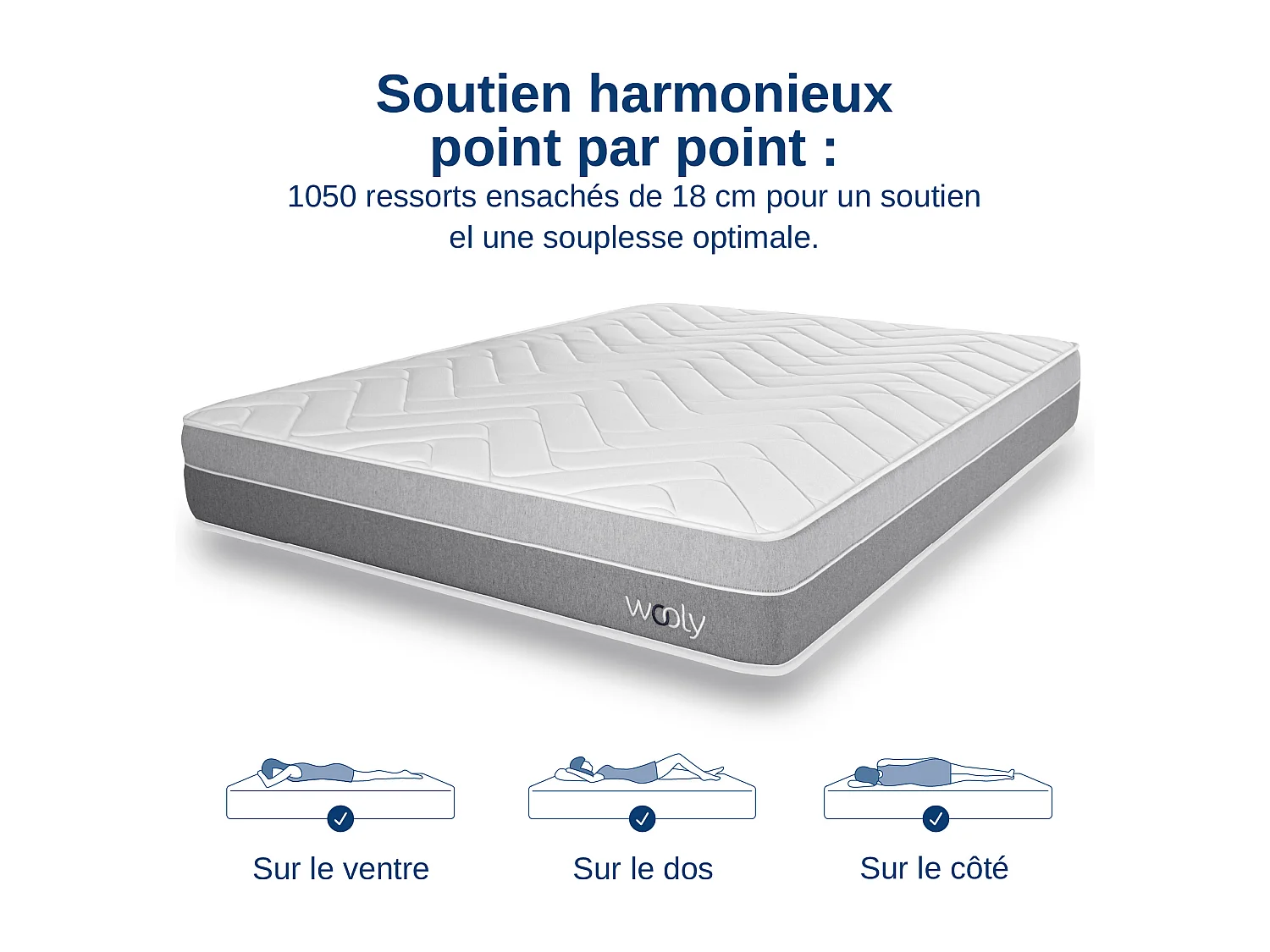 Matelas Wooly Original 140x190 cm - Hybride - Ressorts ensachés - Laine - Latex - Mousse mémoire adaptative - HR - Confort mi-Ferme 7 Zones - 24 cm