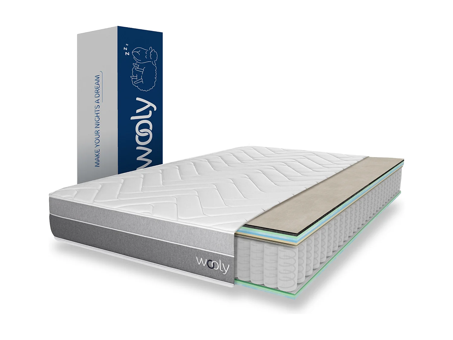 Matelas Wooly Original 180x200 cm - Hybride - Ressorts ensachés - Laine - Latex - Mousse mémoire adaptative - HR - Confort mi-Ferme 7 Zones - 24 cm