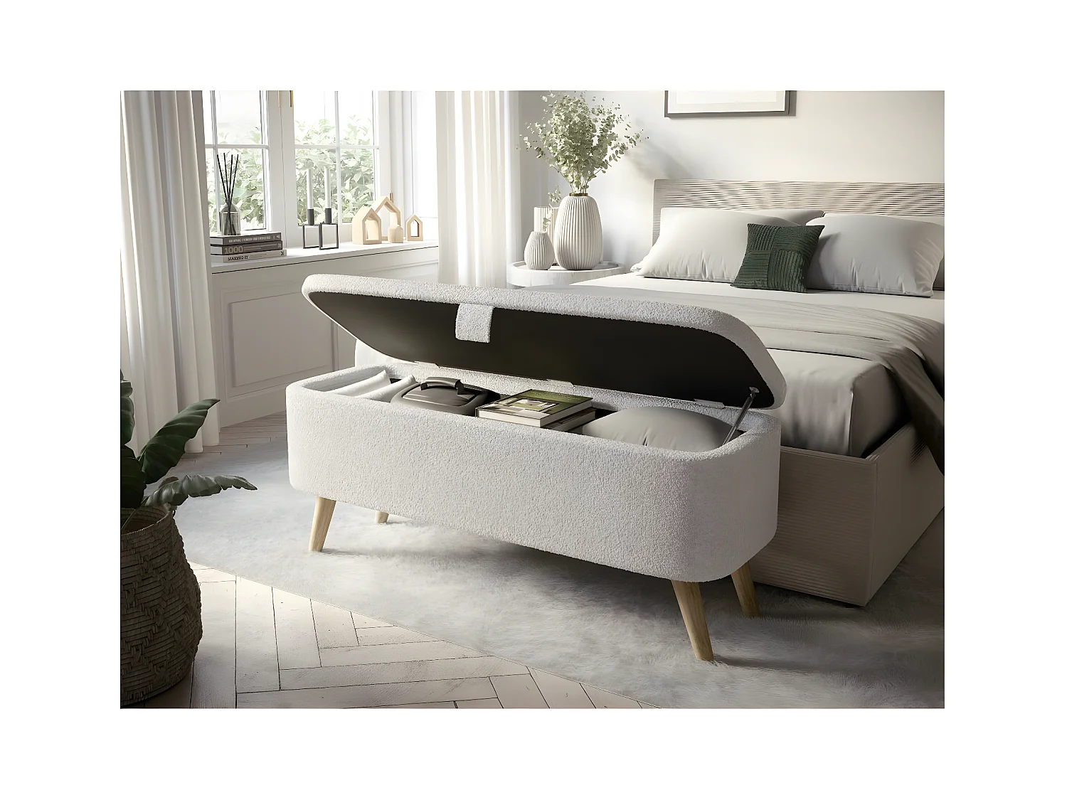 Bout de lit POLY avec coffre de rangement en tissu bouclettes - Blanc
