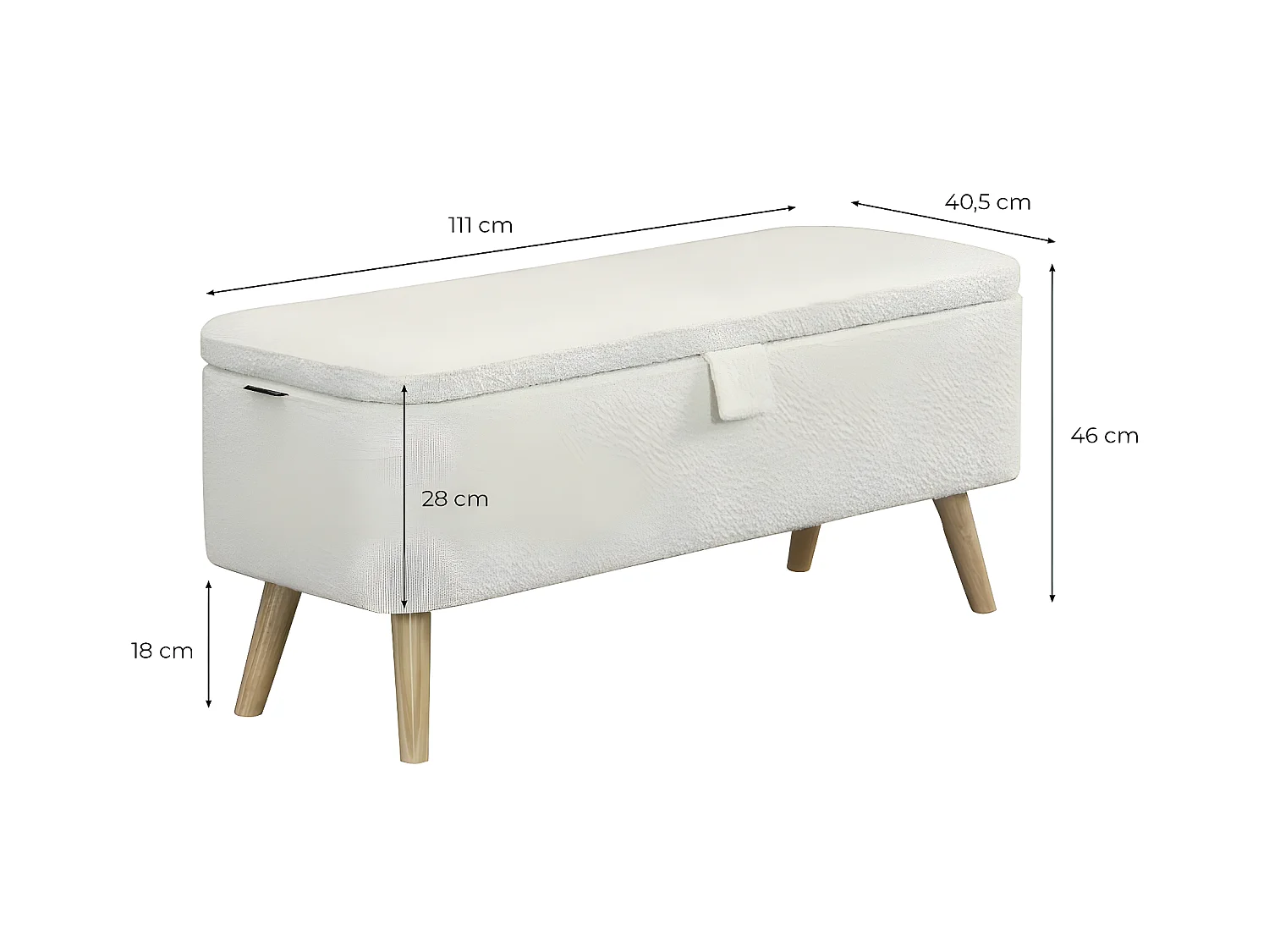 Bout de lit POLY avec coffre de rangement en tissu bouclettes - Blanc