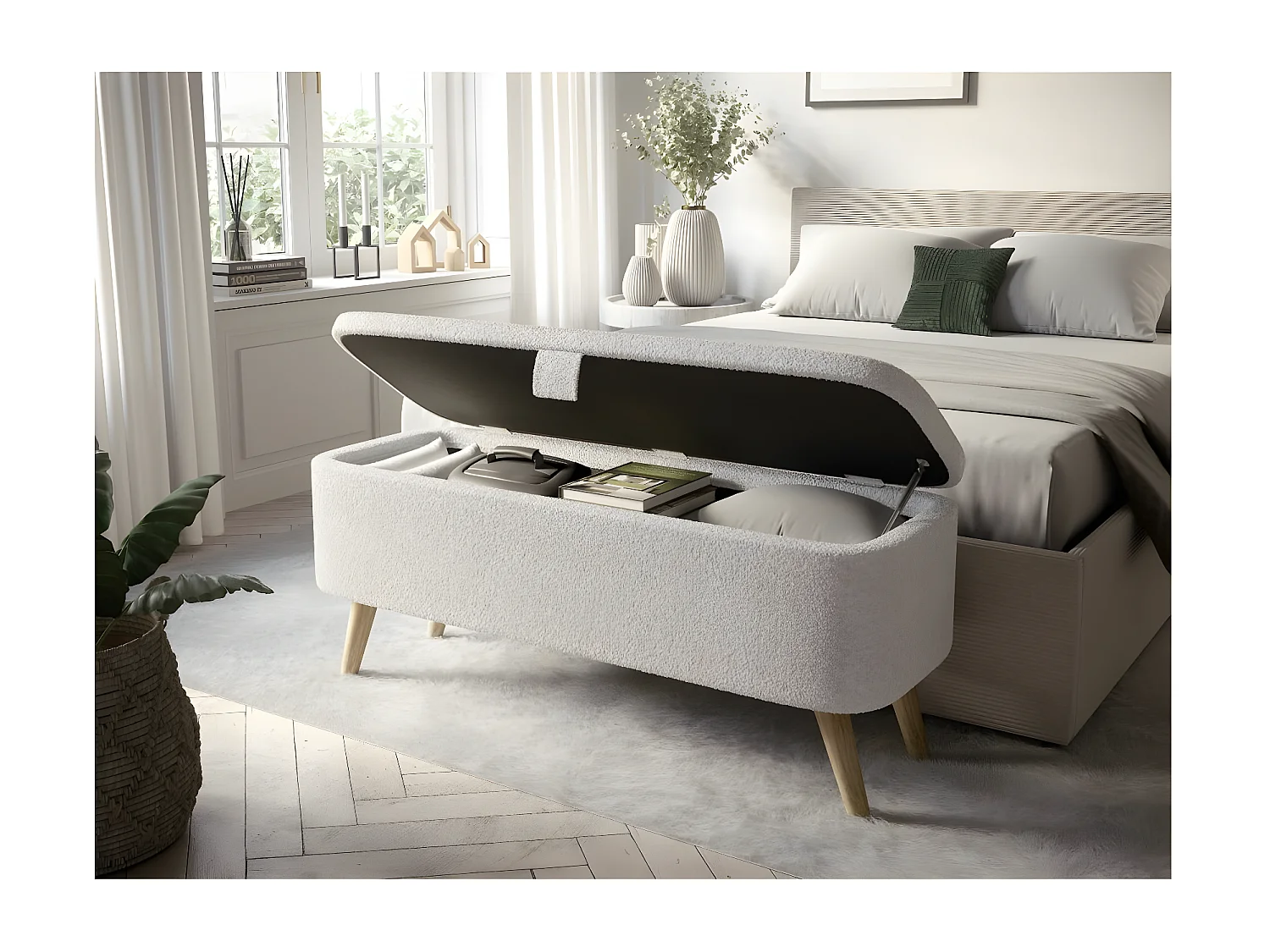 Bout de lit POLY avec coffre de rangement en tissu bouclettes - Blanc