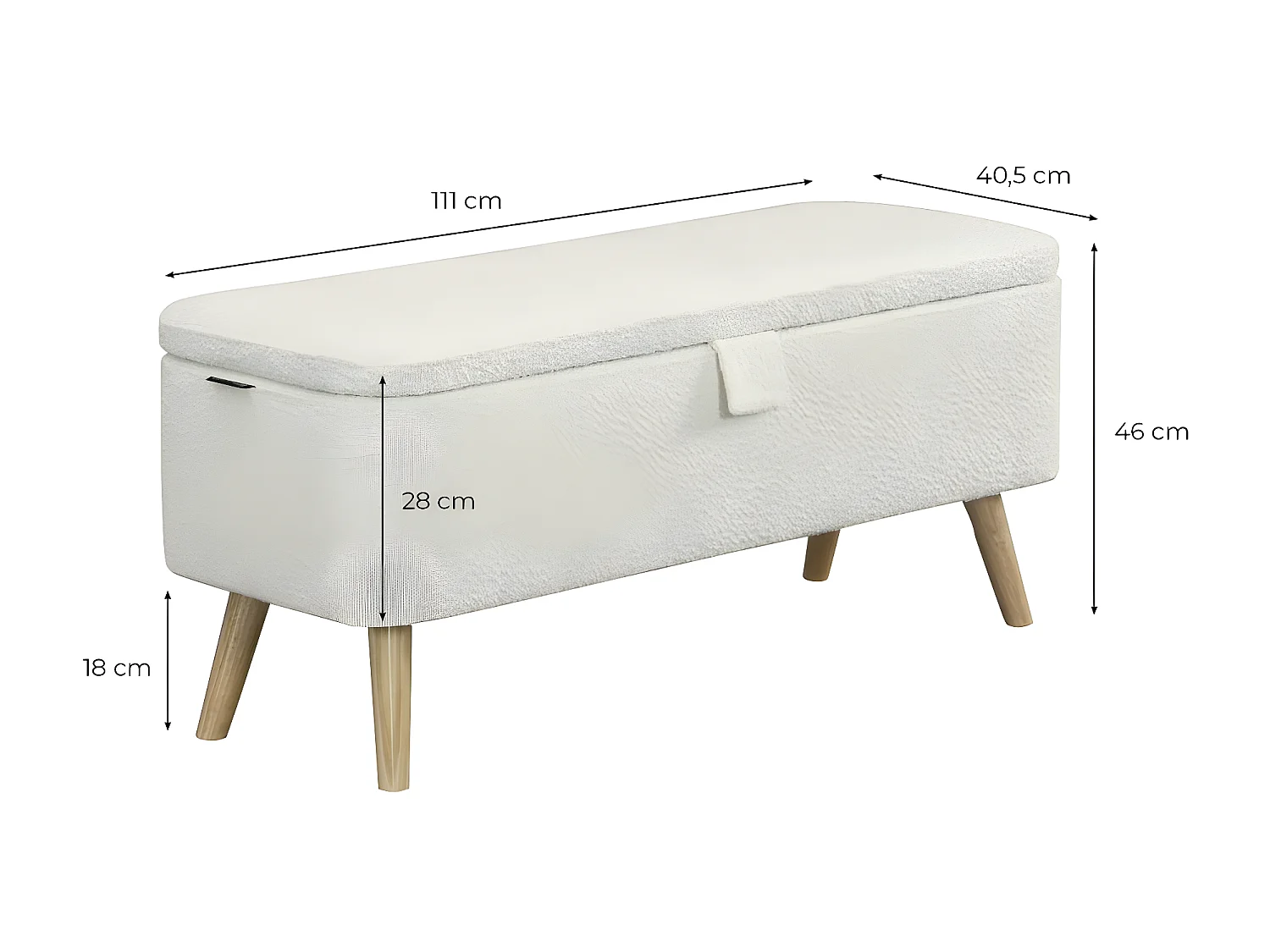 Bout de lit POLY avec coffre de rangement en tissu bouclettes - Blanc