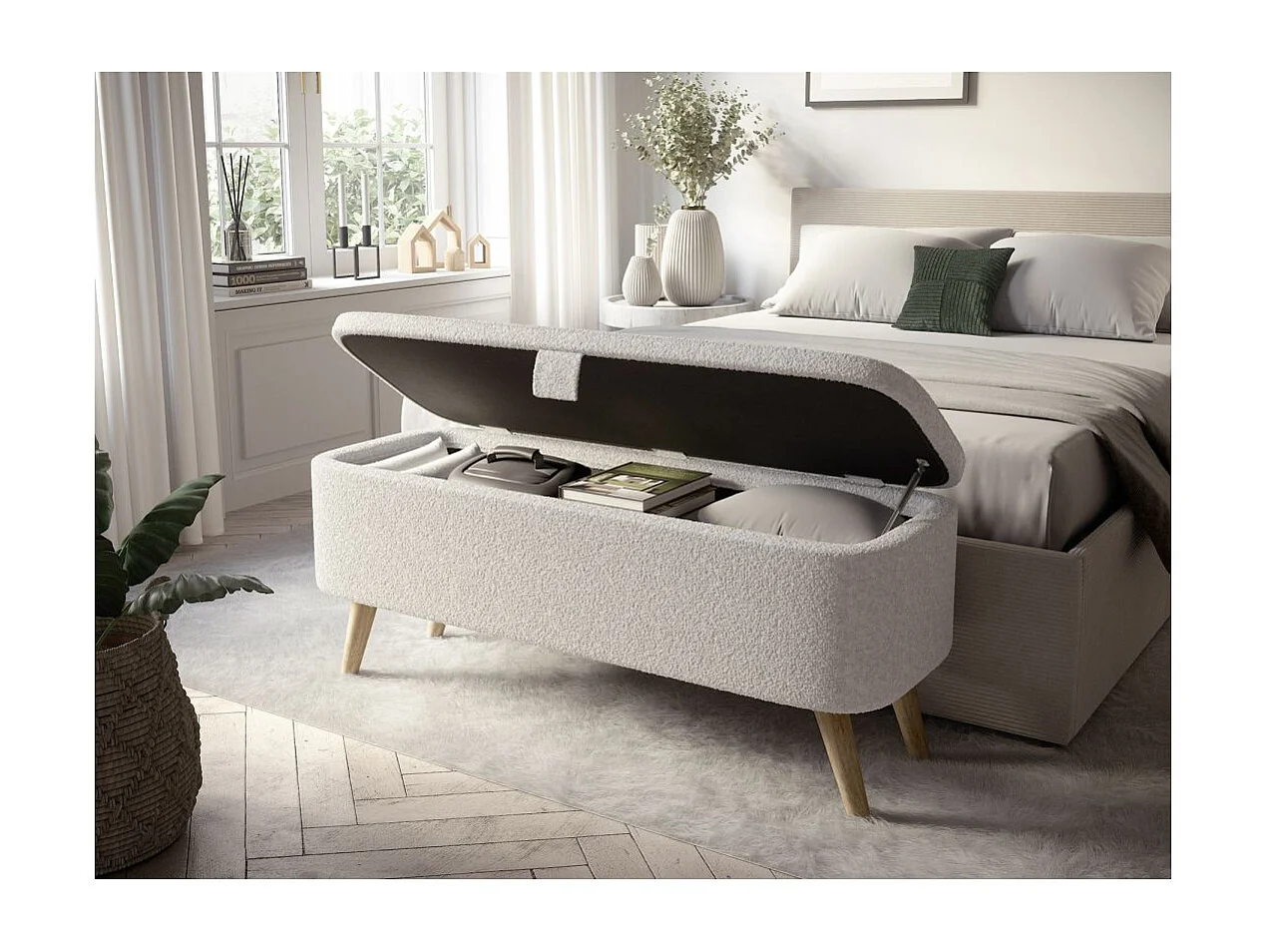 Bout de lit POLY avec coffre de rangement en tissu bouclettes - Blanc