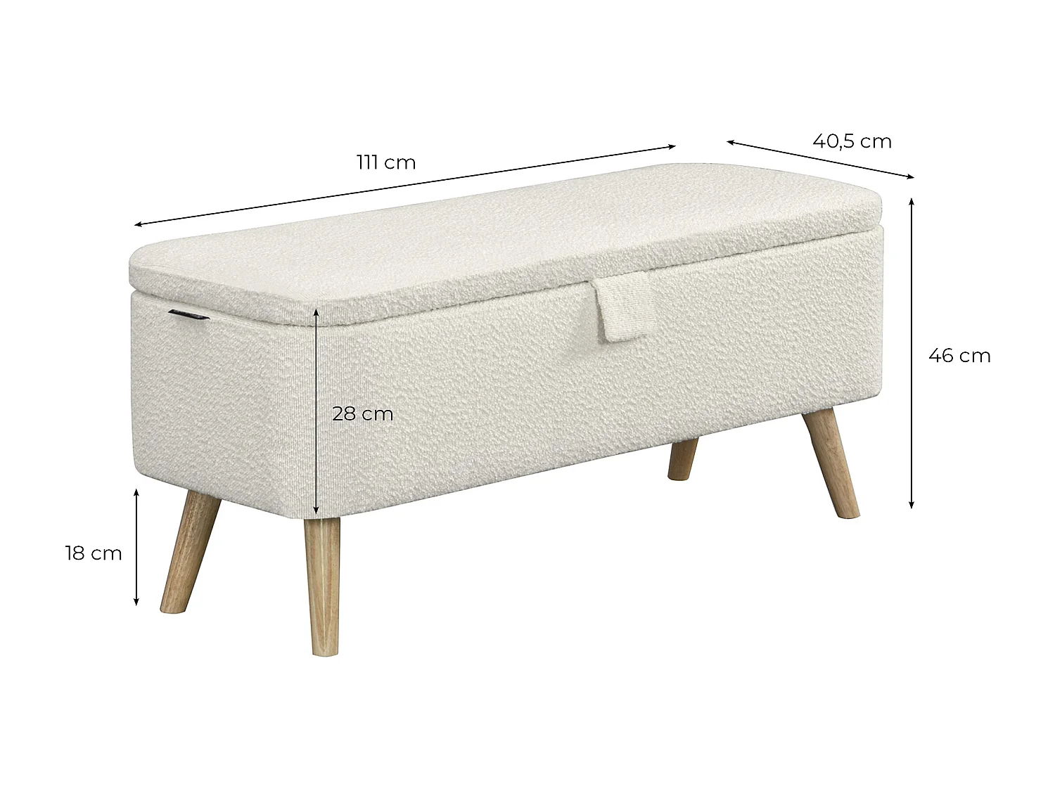 Bout de lit POLY avec coffre de rangement en tissu bouclettes - Blanc