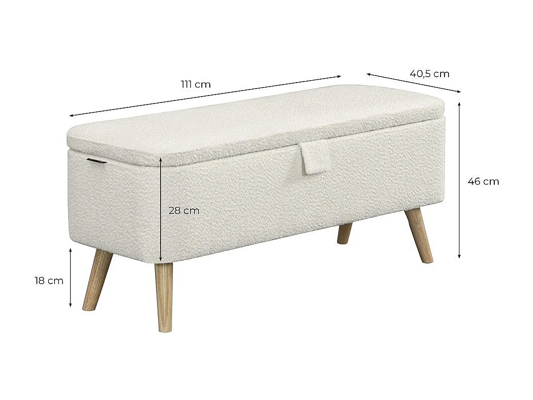Bout de lit POLY avec coffre de rangement en tissu bouclettes - Blanc