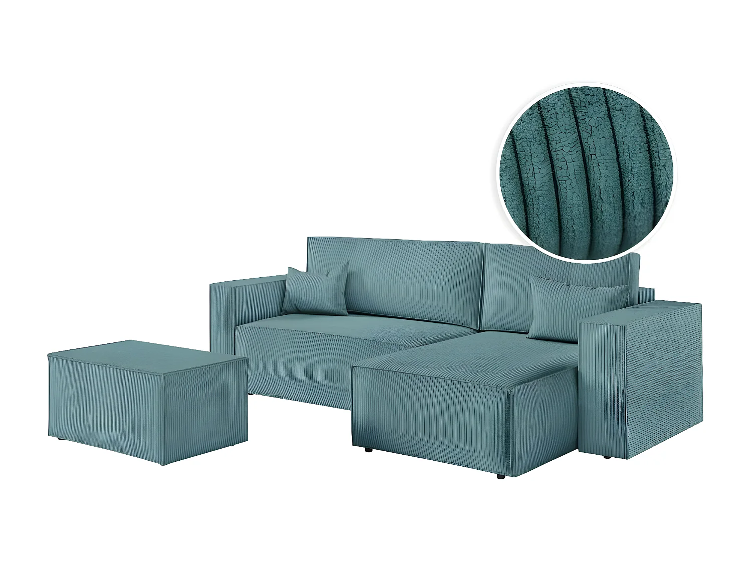 Pack - Clarisse - Canapé d'angle convertible réversible avec pouf en velours côtelé - Bleu clair - L269 x P159 x H89cm - Loungitude