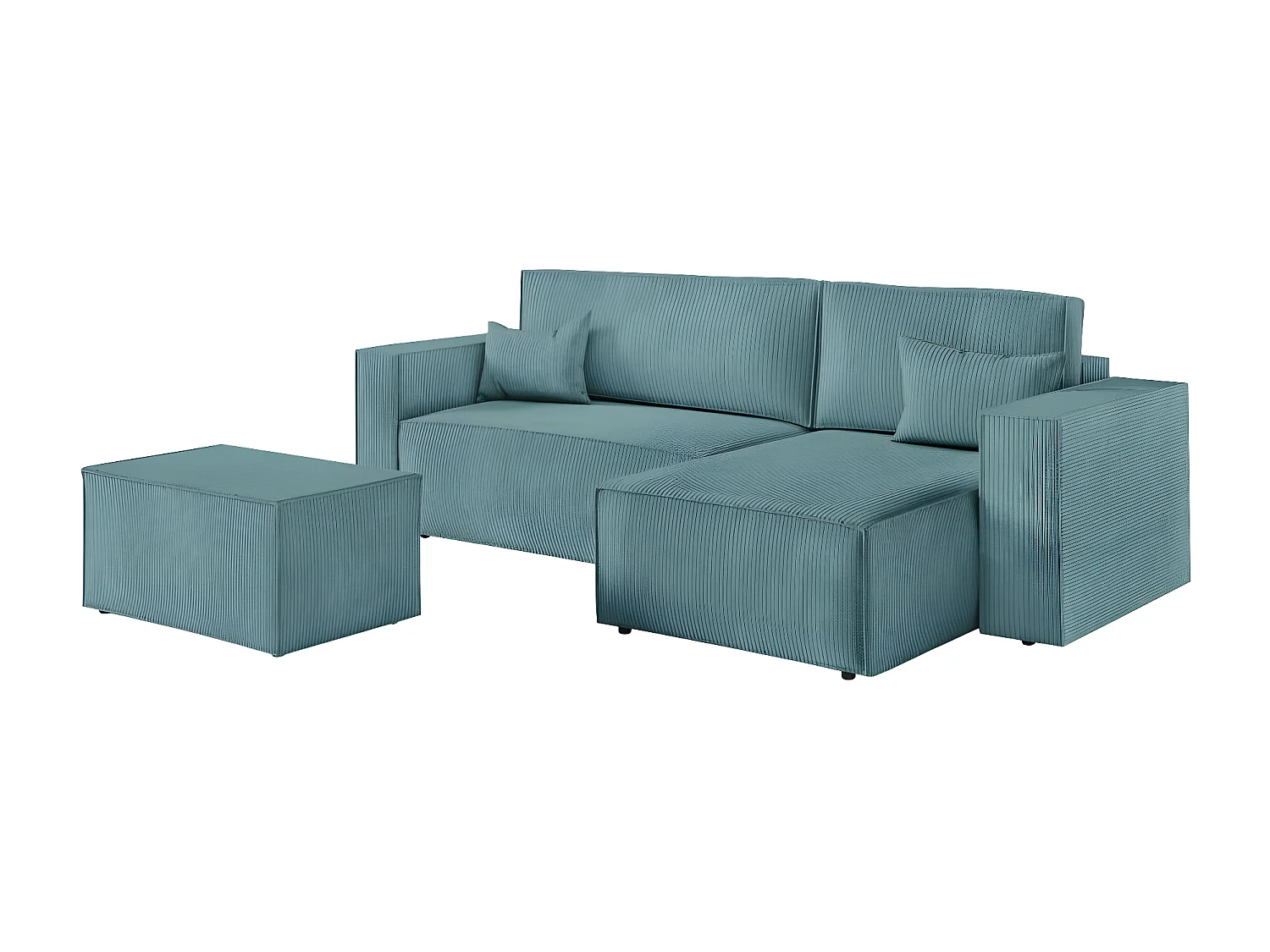Pack - Clarisse - Canapé d'angle convertible réversible avec pouf en velours côtelé - Bleu clair - L269 x P159 x H89cm - Loungitude