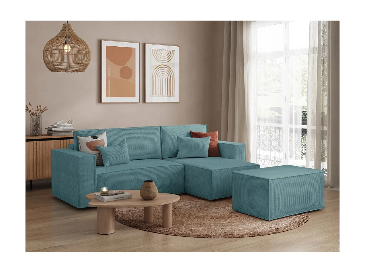 Pack - Clarisse - Canapé d'angle convertible réversible avec pouf en velours côtelé - Bleu clair - L269 x P159 x H89cm - Loungitude